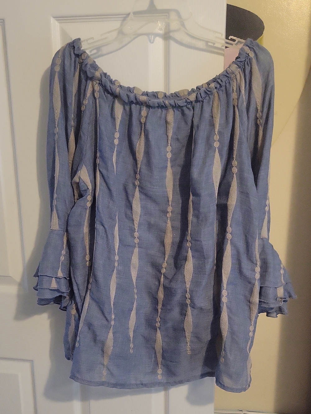 Kaktus Blue On Off-Shoulder Boho Peasant Blouse Cream Stripe Embroidered Motif L